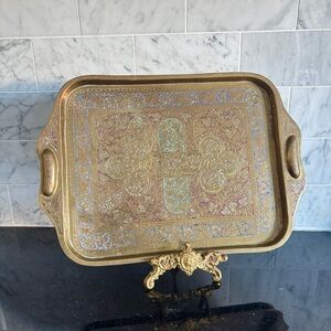Vintage Etched Brass and Enamel Decorative Serving Tray